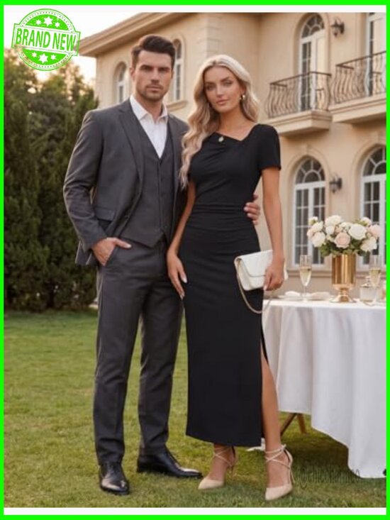 Ruched Maxi Dress Short Sleeve Side Slit Formal Cocktail Wedding Guest - Picture 2 of 7